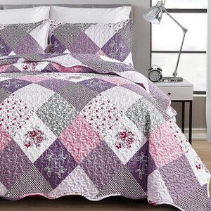 New Purple Floral Patchwork 3-Piece Bedding Quilt Set • KING Size